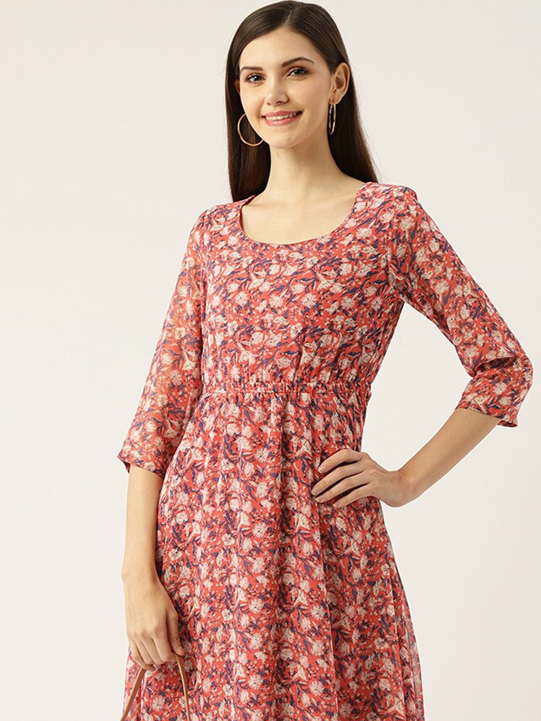 

DressBerry Floral Printed Round Neck Fit & Flare Midi Dress, Pink