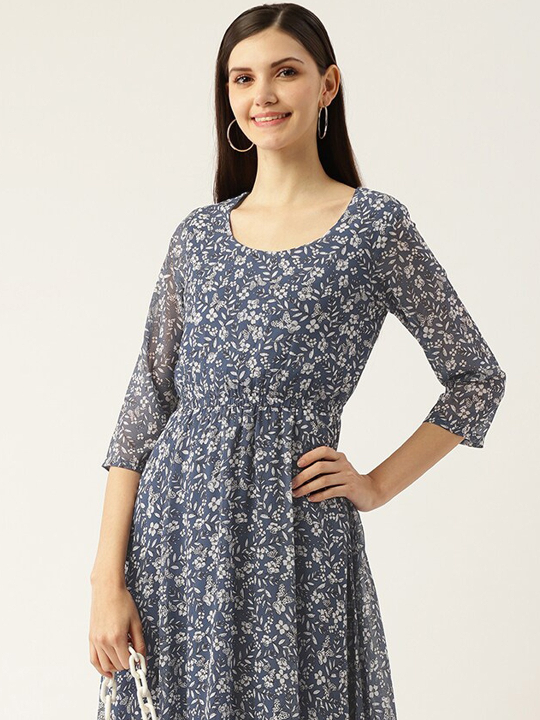 

DressBerry Blue & white Floral Printed Georgette Fit & Flare Midi Dress