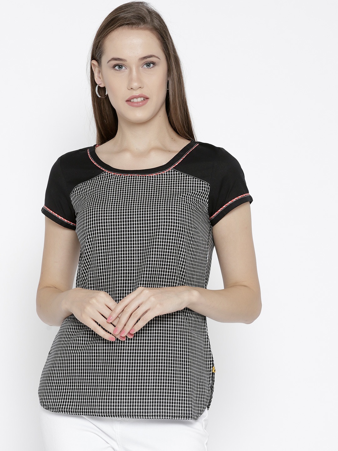 

AURELIA Women Black Checked Pure Cotton Top