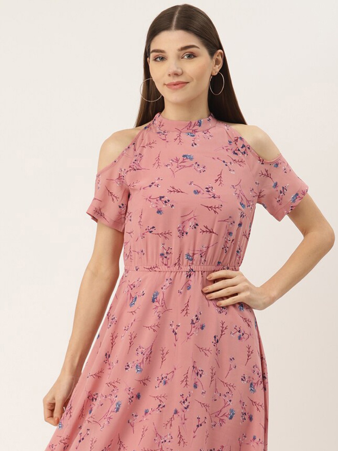 

DressBerry Pink Floral Printed High Neck Cold-Shoulder Fit & Flare Dress