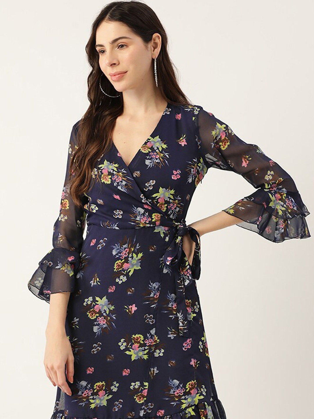 

DressBerry Navy Blue & White Floral Printed V-Neck Bell Sleeve Georgette Wrap Midi Dress