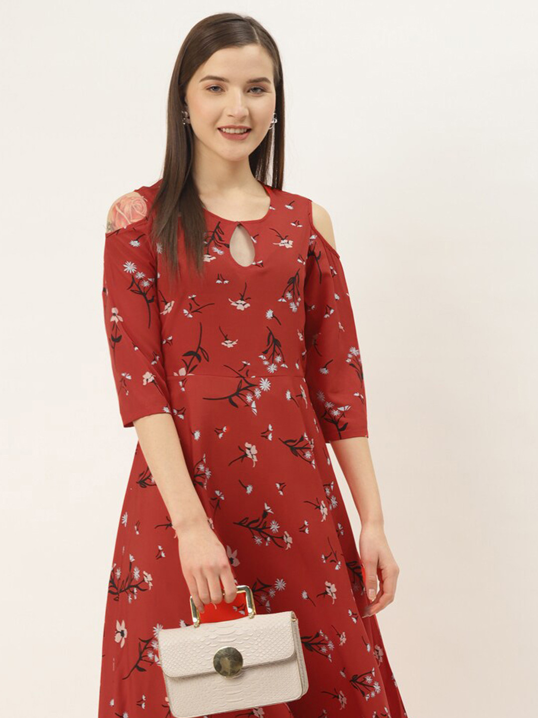 

DressBerry Red Floral Printed Key Hole Neck Cold-Shoulder A-Line Dress
