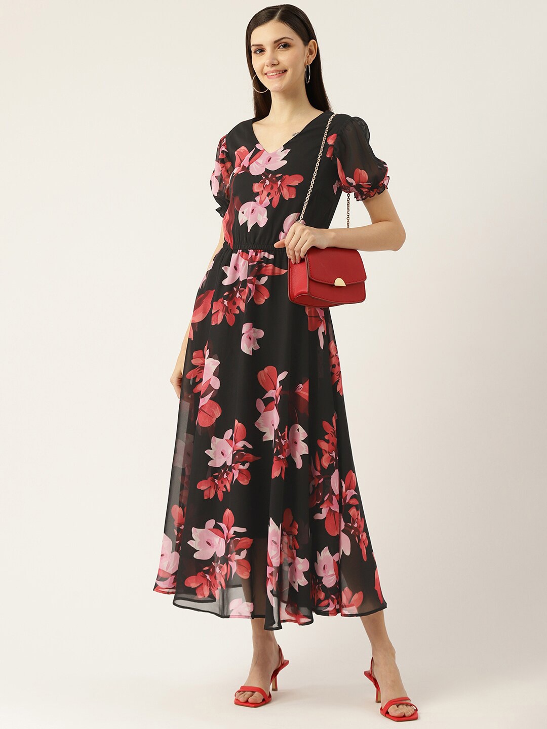 

DressBerry Pink Floral Printed Puff Sleeve Fit & Flare Midi Dress, Black