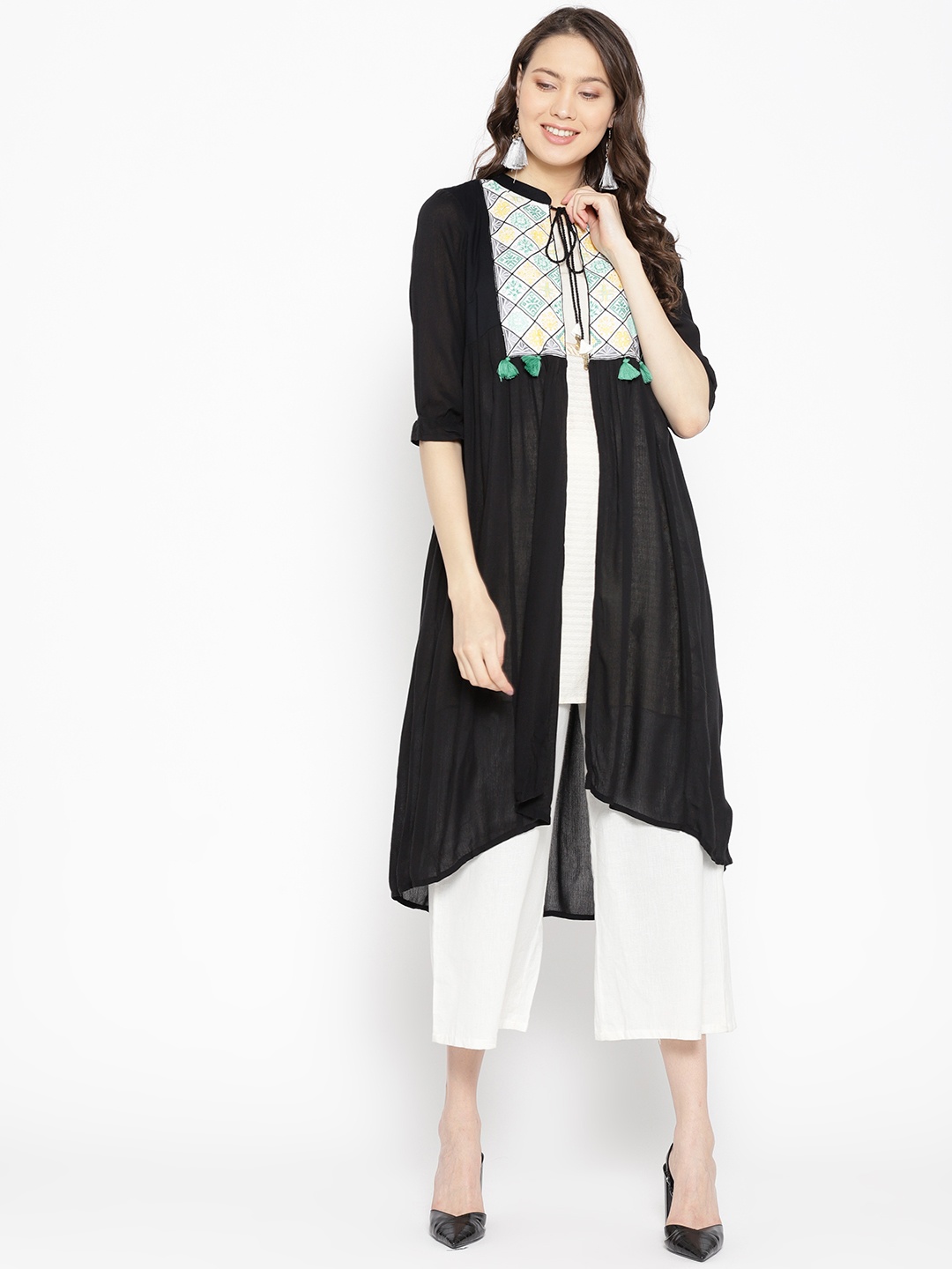 

AURELIA Women Black & White Solid Open Front Ethnic Jacket