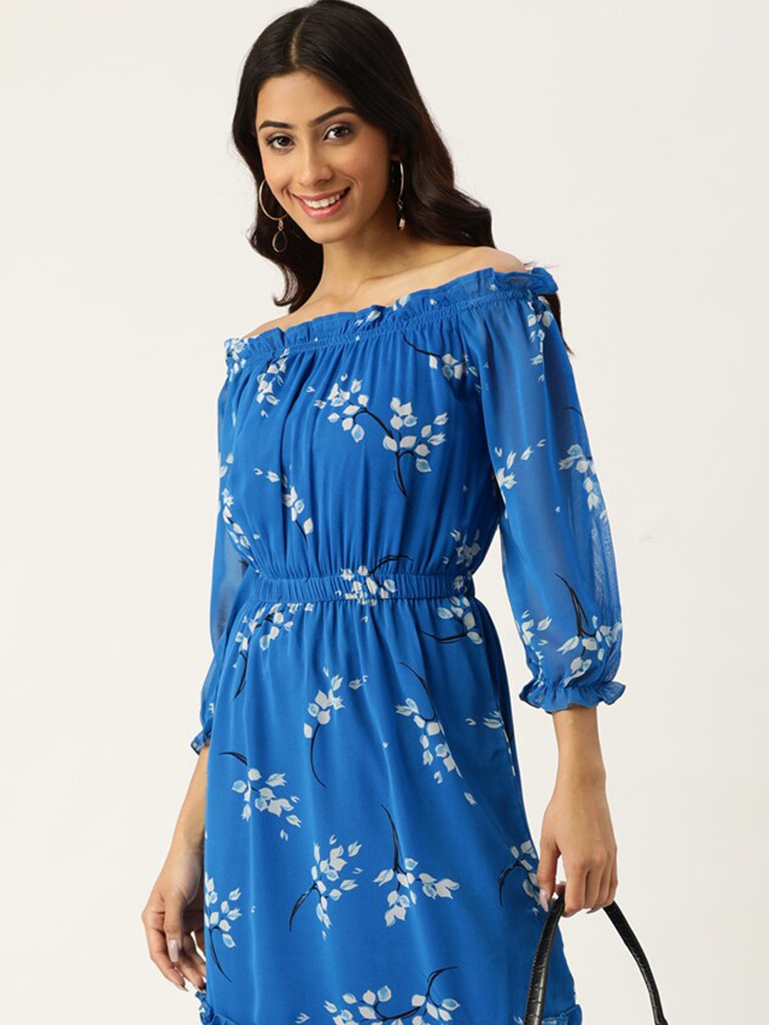 

DressBerry Blue Floral Printed Off-Shoulder Puff Sleeve Fit & Flare Midi Dress