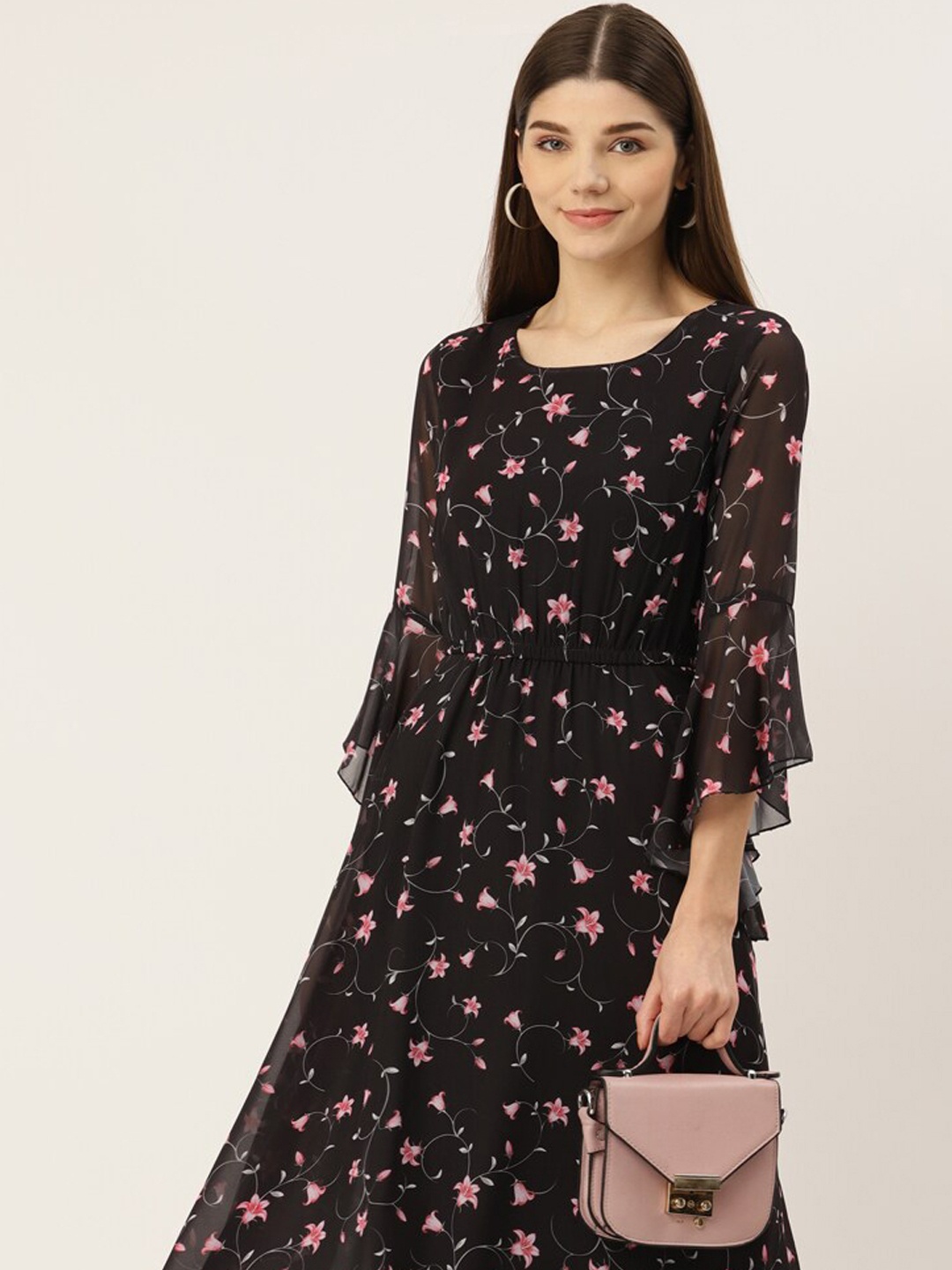 

DressBerry Black Floral Printed Bell Sleeves Maxi Dress