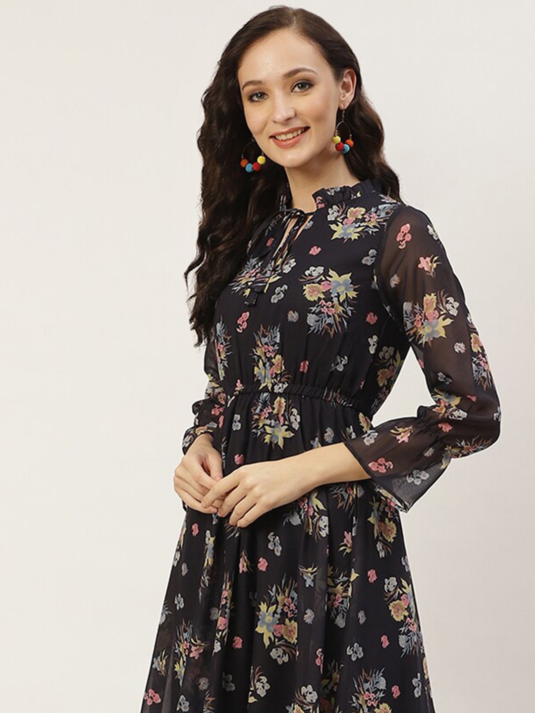 

DressBerry Navy Blue Floral Printed Tie-Up Neck Pleated Georgette Fit & Flare Midi Dress