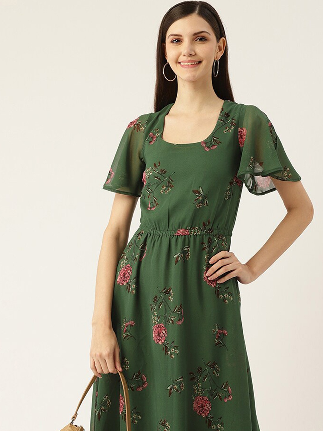 

DressBerry Green Floral Print Square Neck Gathered Georgette Fit & Flare Midi Dress