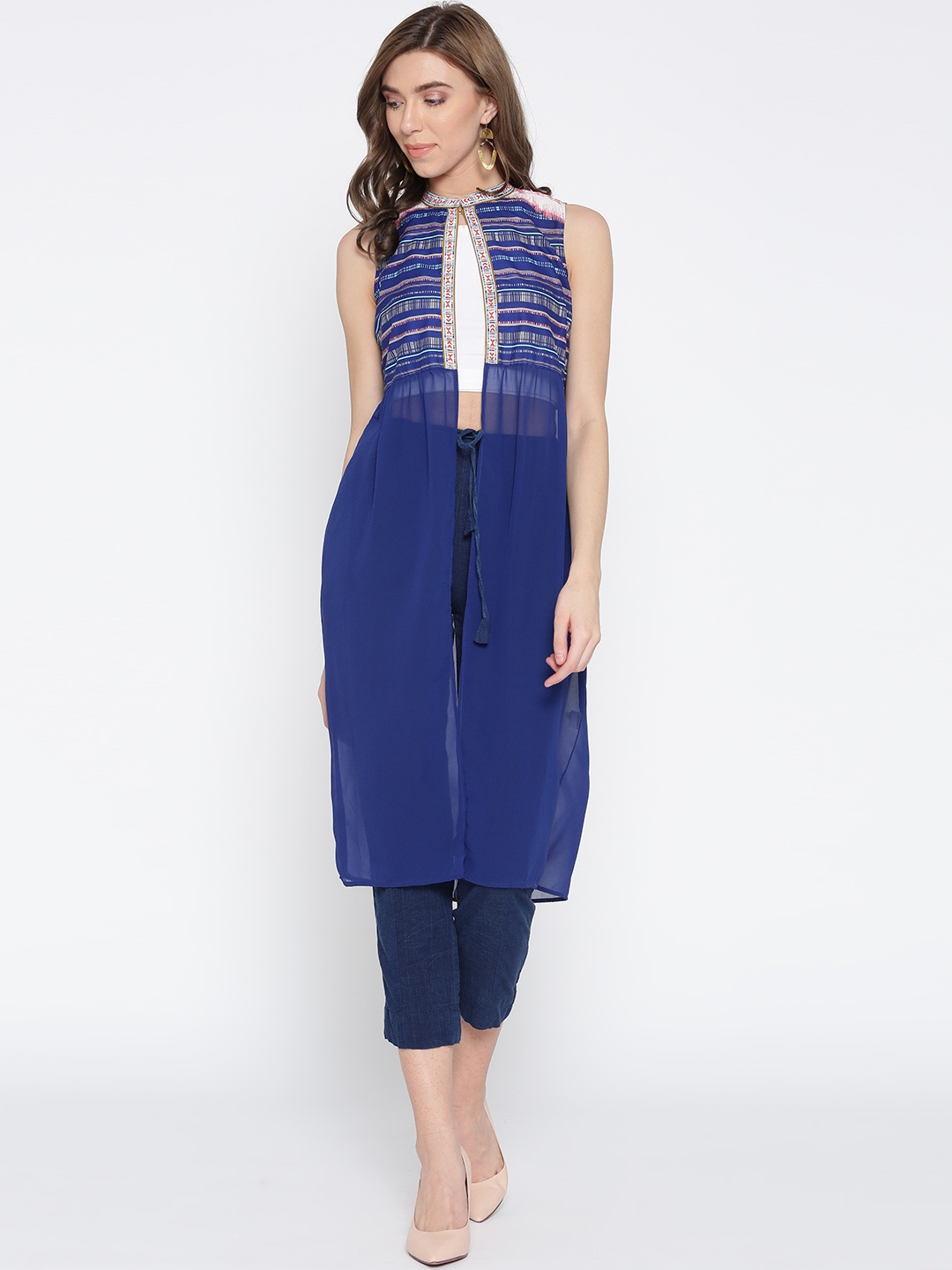 

AURELIA Women Blue Solid Longline Ethnic Jacket with Printed Detail