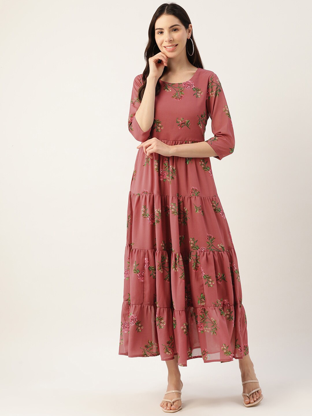 DressBerry Floral Printed Gathered Georgette Fit & Flare Midi Dress, Rust