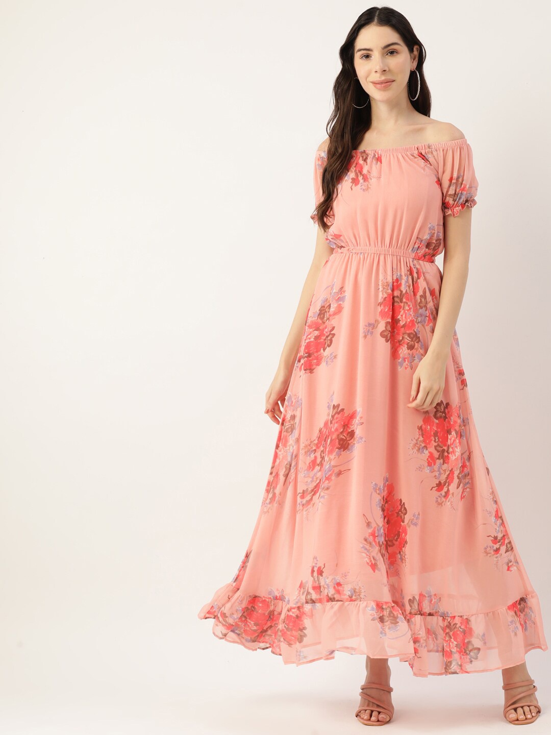 

DressBerry Pink Floral Print Puff Sleeves Georgette Maxi Dress, Peach