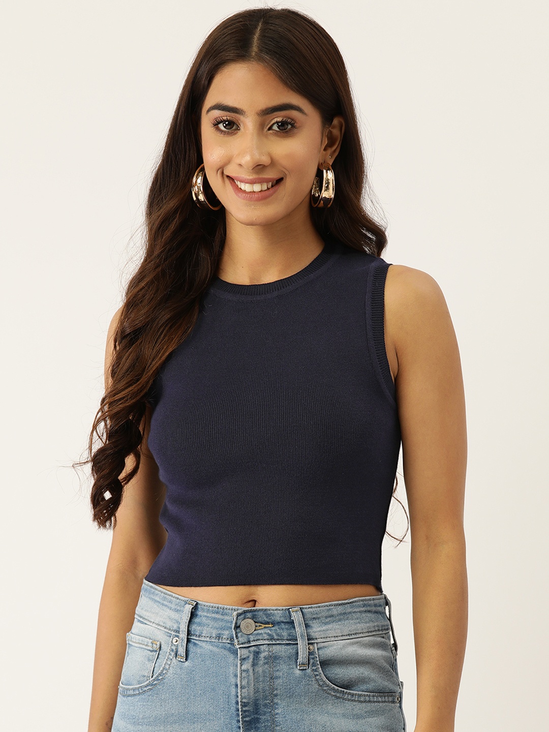 

FEMEA Solid Cotton Crop Top, Navy blue