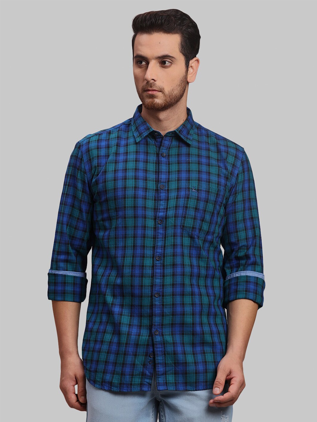 

Parx Tartan Checked Spread Collar Cotton Casual Shirt, Blue
