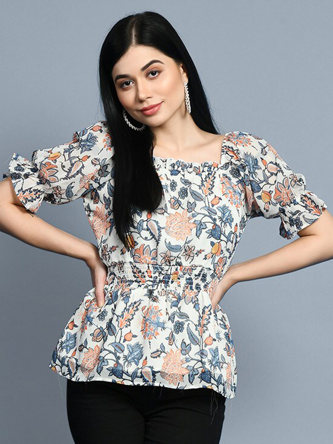 

CHARMGAL Floral Printed Puff Sleeve Cinched Waist Top, White