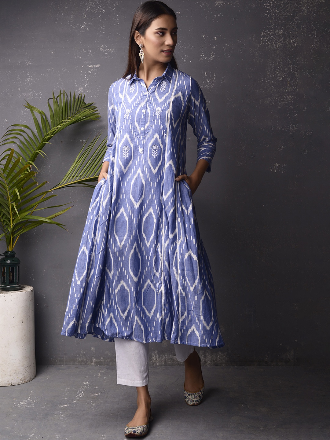 

PINKSKY Ethnic Printed Ikat Shirt Collar Anarkali Kurta, Blue