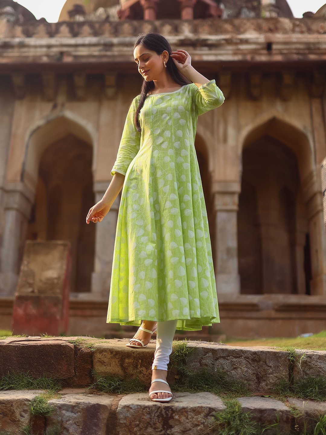 

AURELIA Geometric Printed Anarkali Pure Cotton Kurta, Green