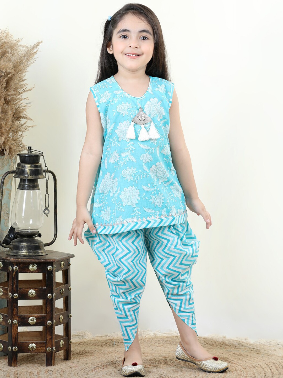 

Here&Now X Kinder Kids Girls Floral Printed Regular Pure Cotton Kurti with Dhoti Pants, Blue