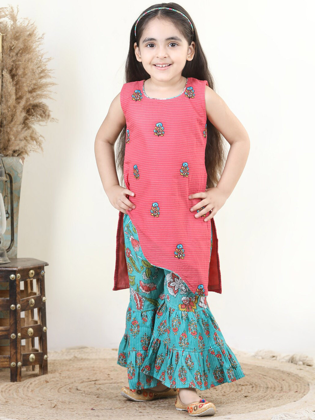 

Kinder Kids Girls Floral Embroidered Regular Pure Cotton Kurti with Sharara, Pink