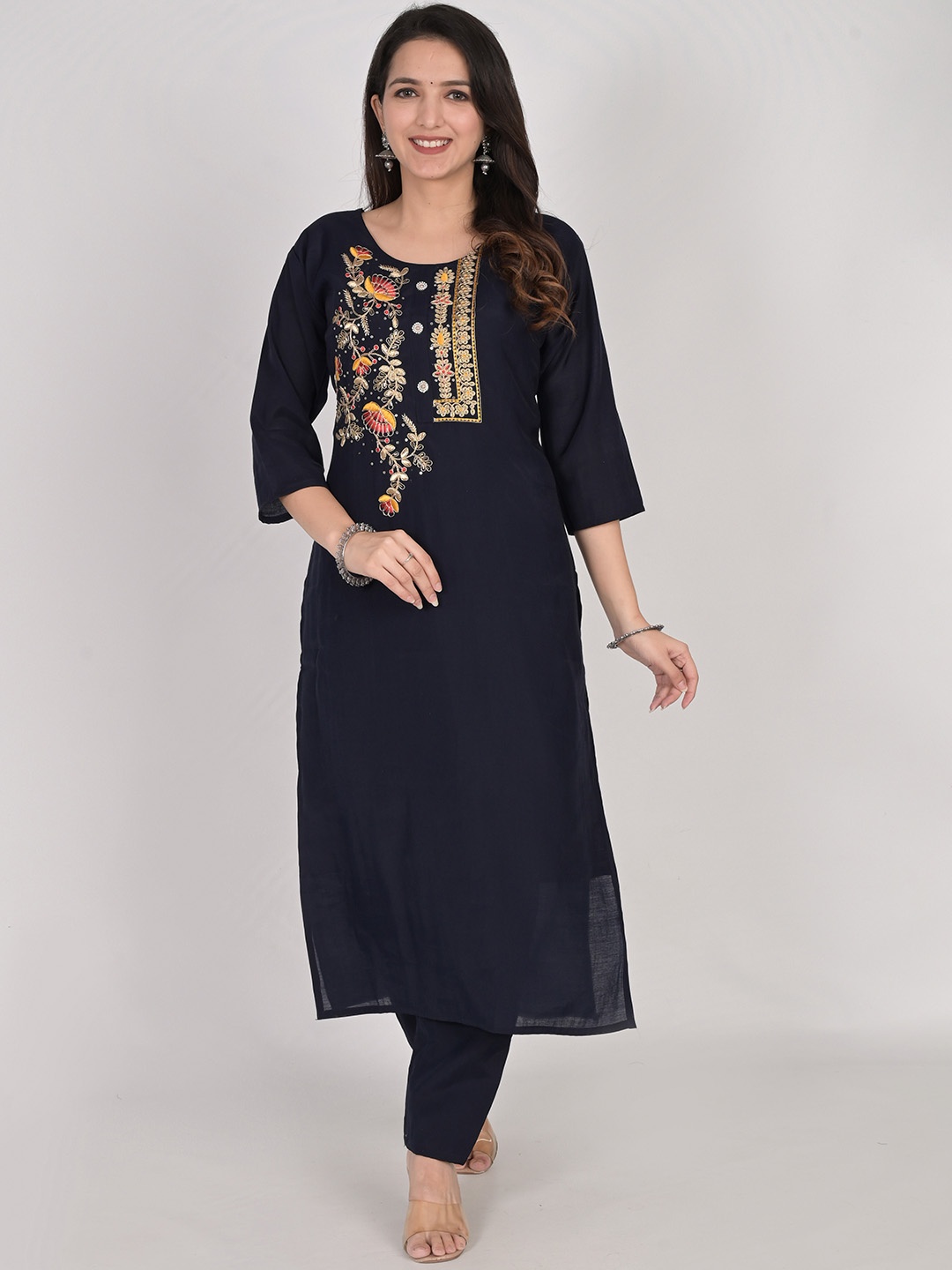 

Girly Girls Floral Embroidered Regular Straight Kurta with Pyjamas & With Dupatta, Navy blue