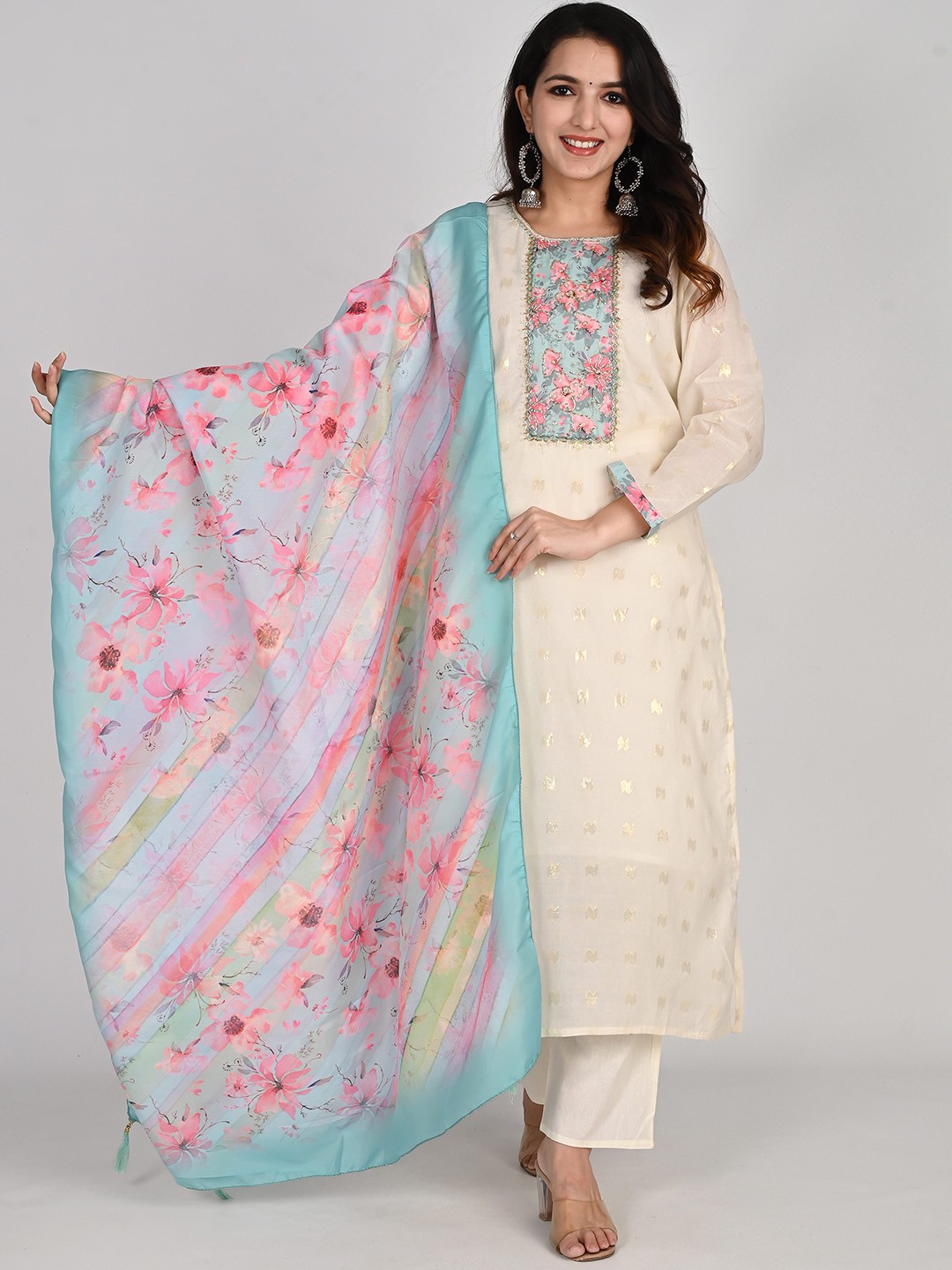 

Girly Girls Floral Embroidered Sequinned Pure Cotton Kurta With Pyjamas & Dupatta, Cream