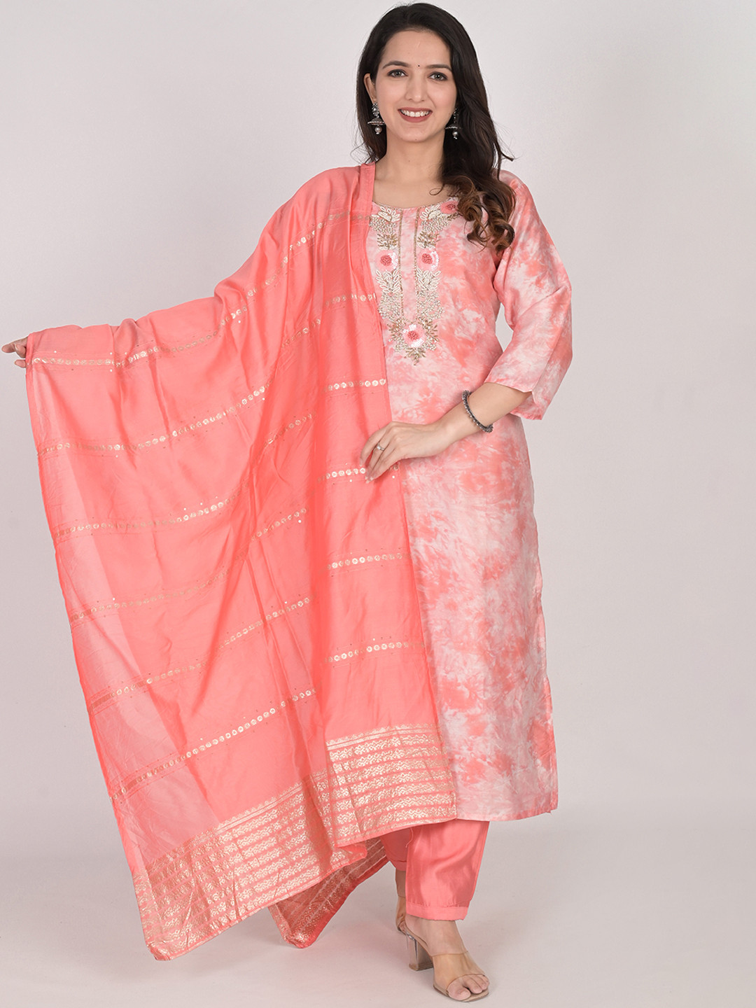 

Girly Girls Abstract Printed Sequinned Chanderi Cotton Kurta With Pyjamas & Dupatta, Peach