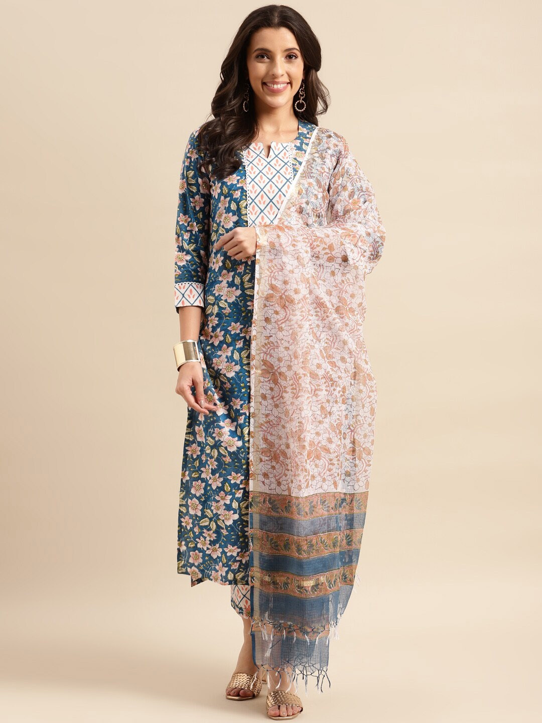 

KALINI Floral Printed Regular Kurta With Trousers & Dupatta, Blue