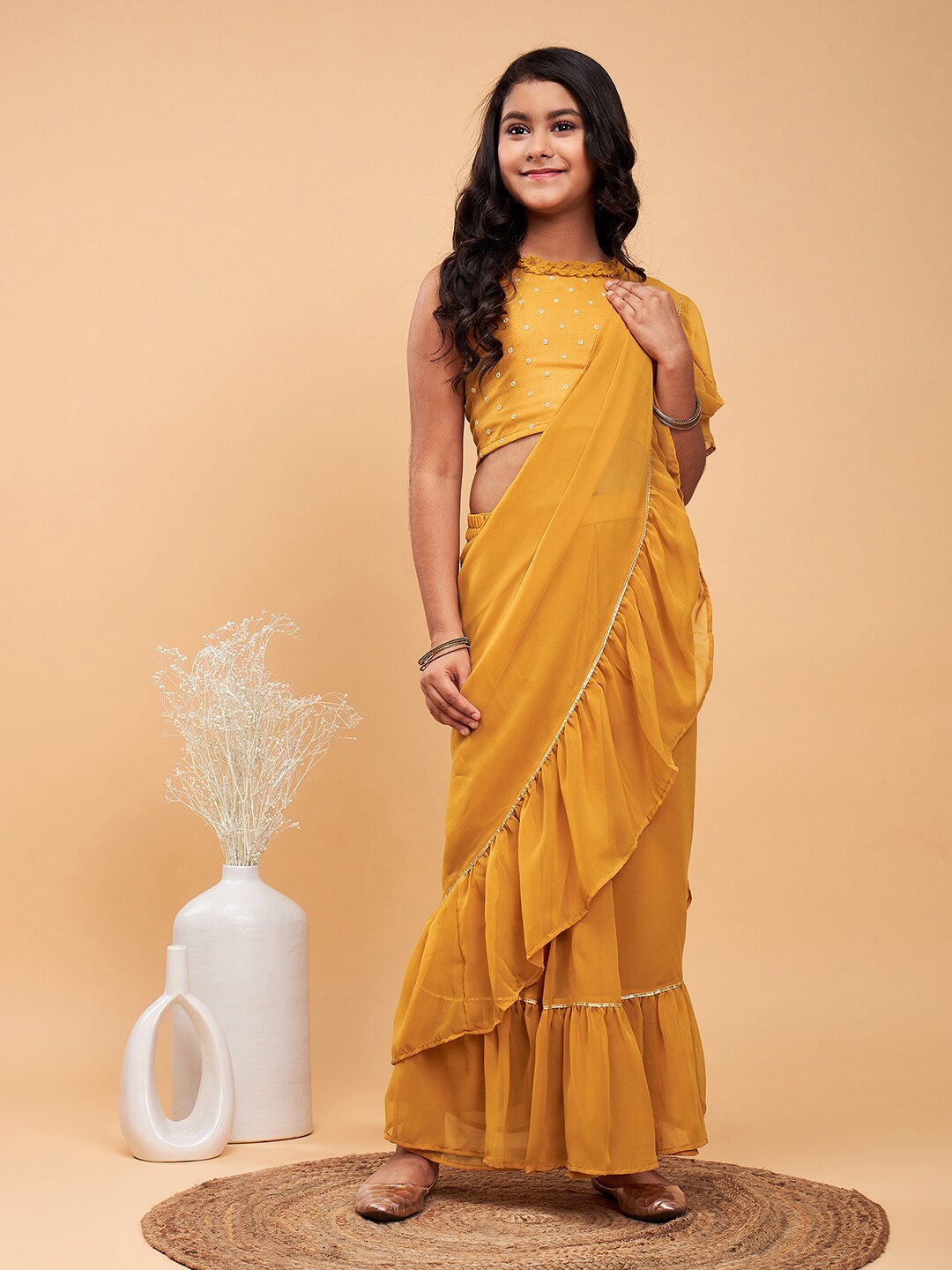 

Stylo Bug Girls Ready to Wear Ruffles Saree, Yellow