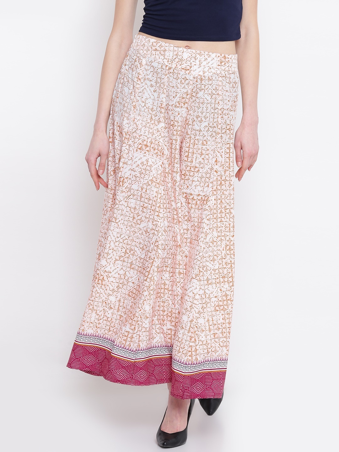 

AURELIA Women Peach-Coloured & Off-White Printed Flared Palazzos