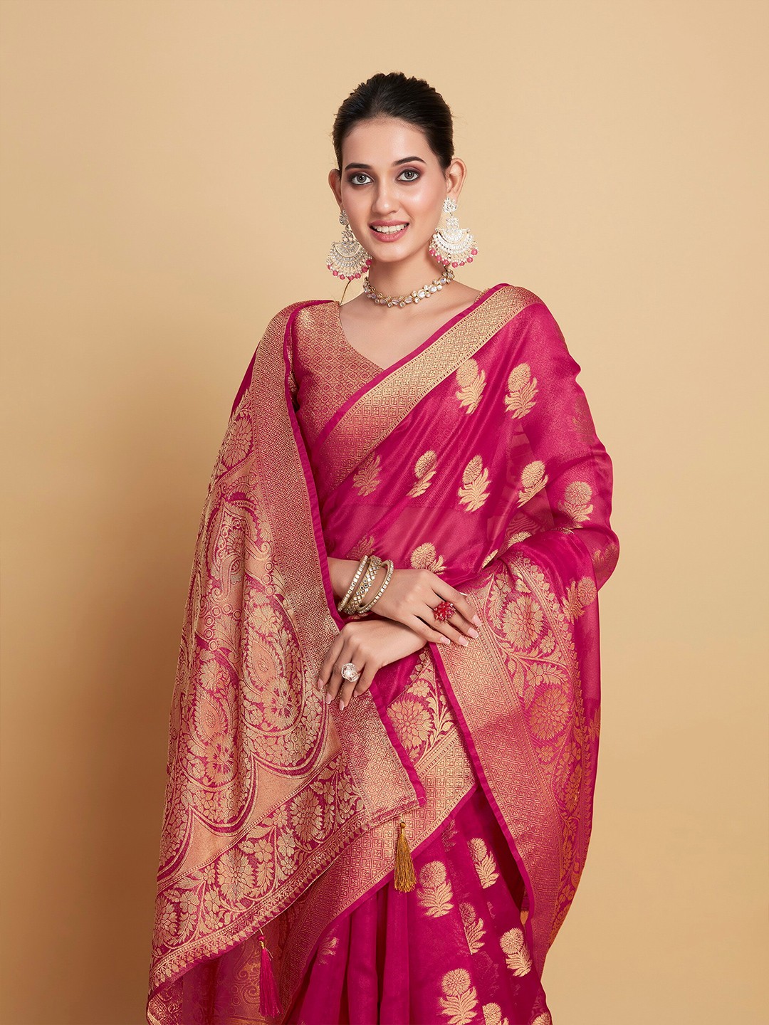 

Sangria Pink Ethnic Motifs Woven Design Saree