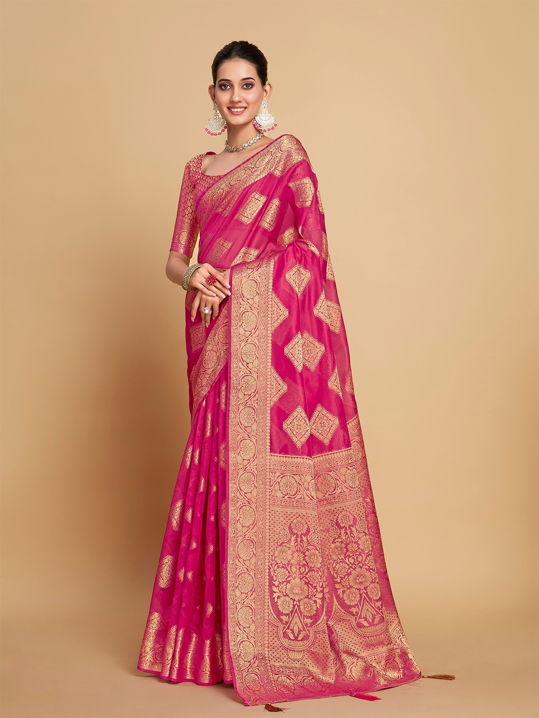 

Sangria Pink Ethnic Motifs Woven Design Zari Saree