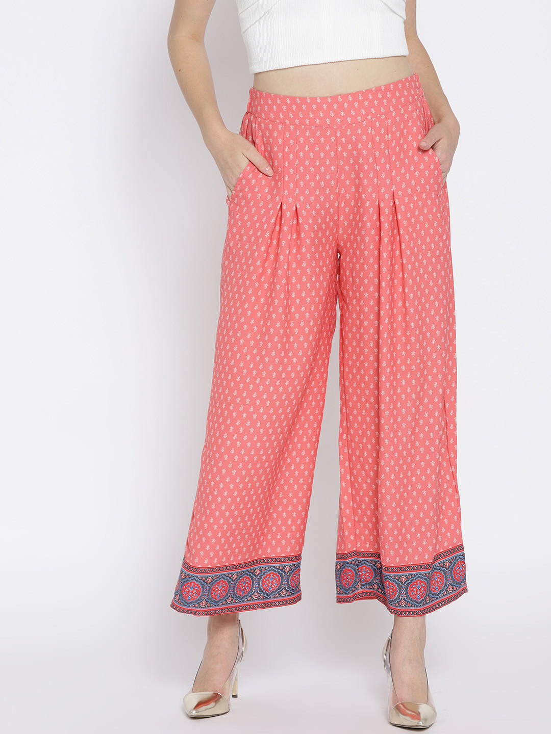 

AURELIA Women Coral Orange Printed Wide Leg Palazzos