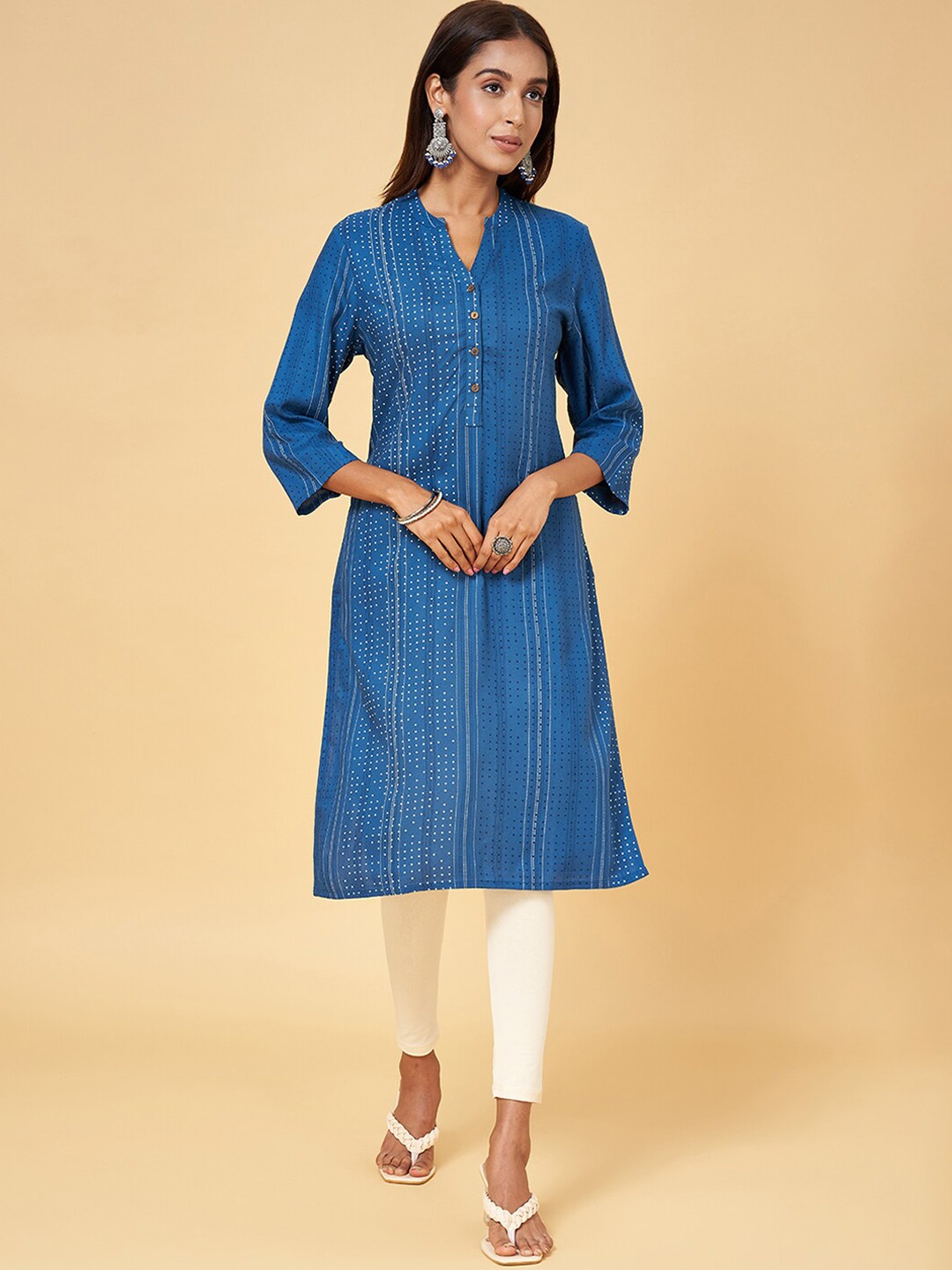 

RANGMANCH BY PANTALOONS Striped Mandarin Collar A-Line Kurta, Navy blue