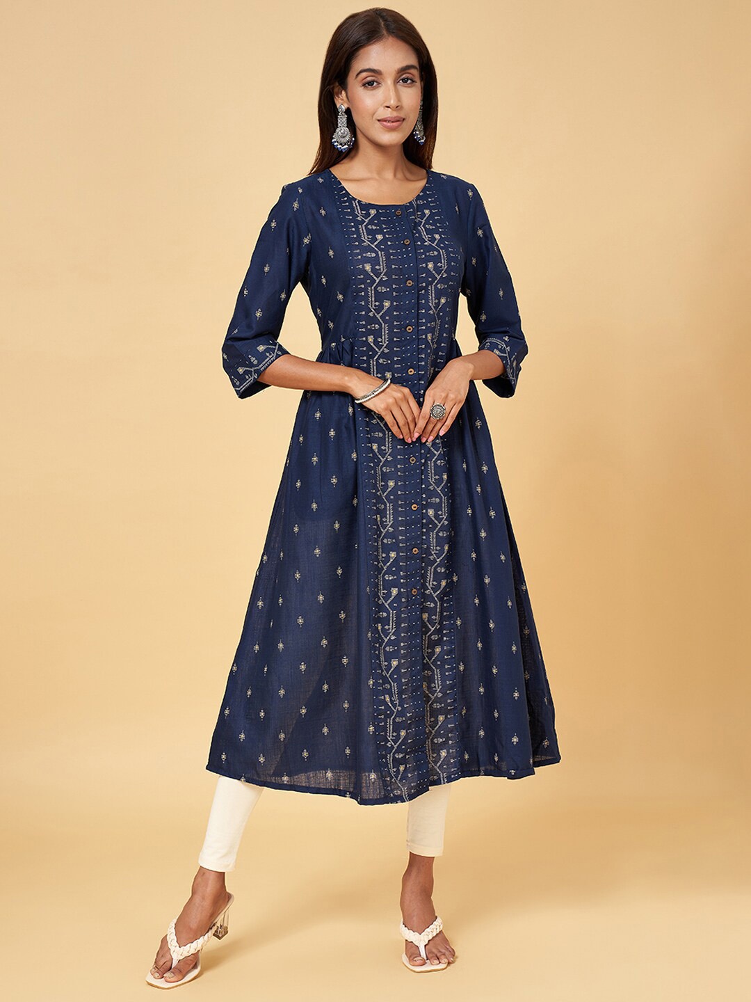 

RANGMANCH BY PANTALOONS Ethnic Motifs Printed Panelled A-Line Kurta, Navy blue