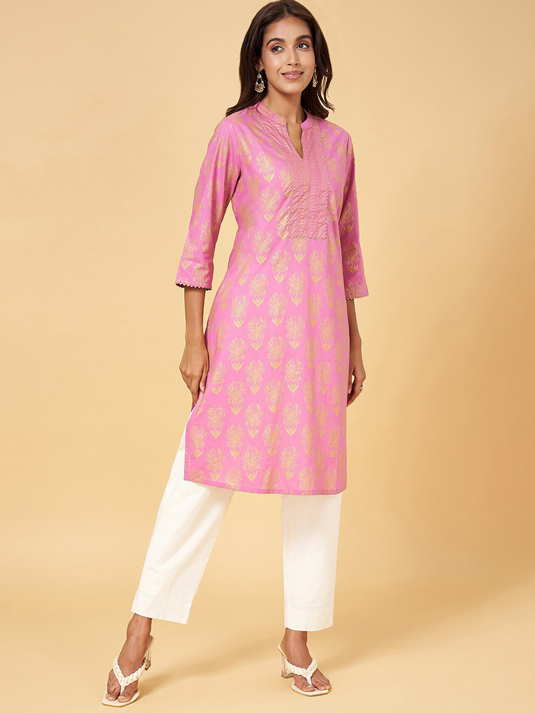 

RANGMANCH BY PANTALOONS Ethnic Motifs Printed Gotta Patti Pure Cotton Straight Kurta, Mauve