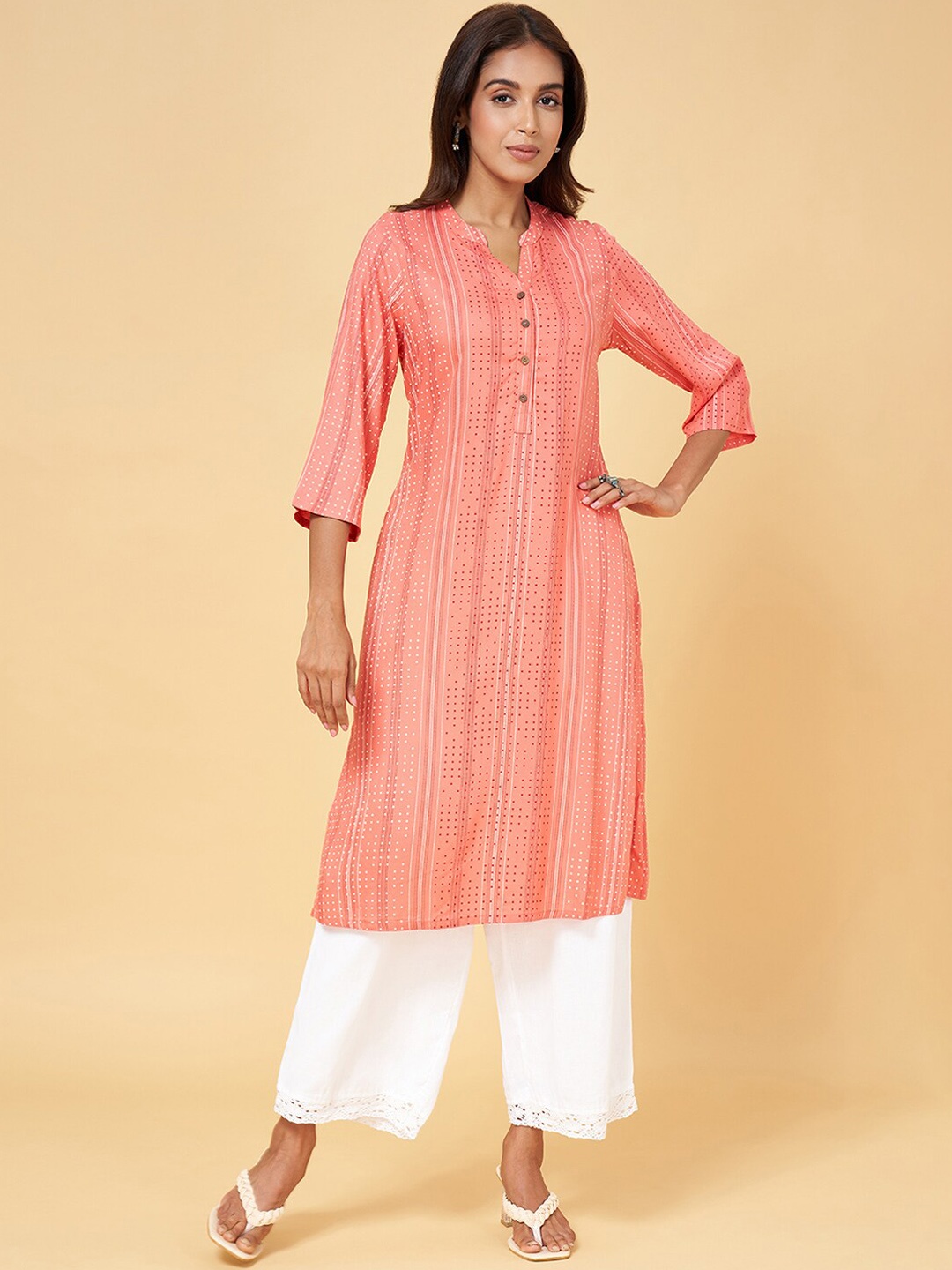

RANGMANCH BY PANTALOONS Polka Dots Printed A-Line Kurta, Peach