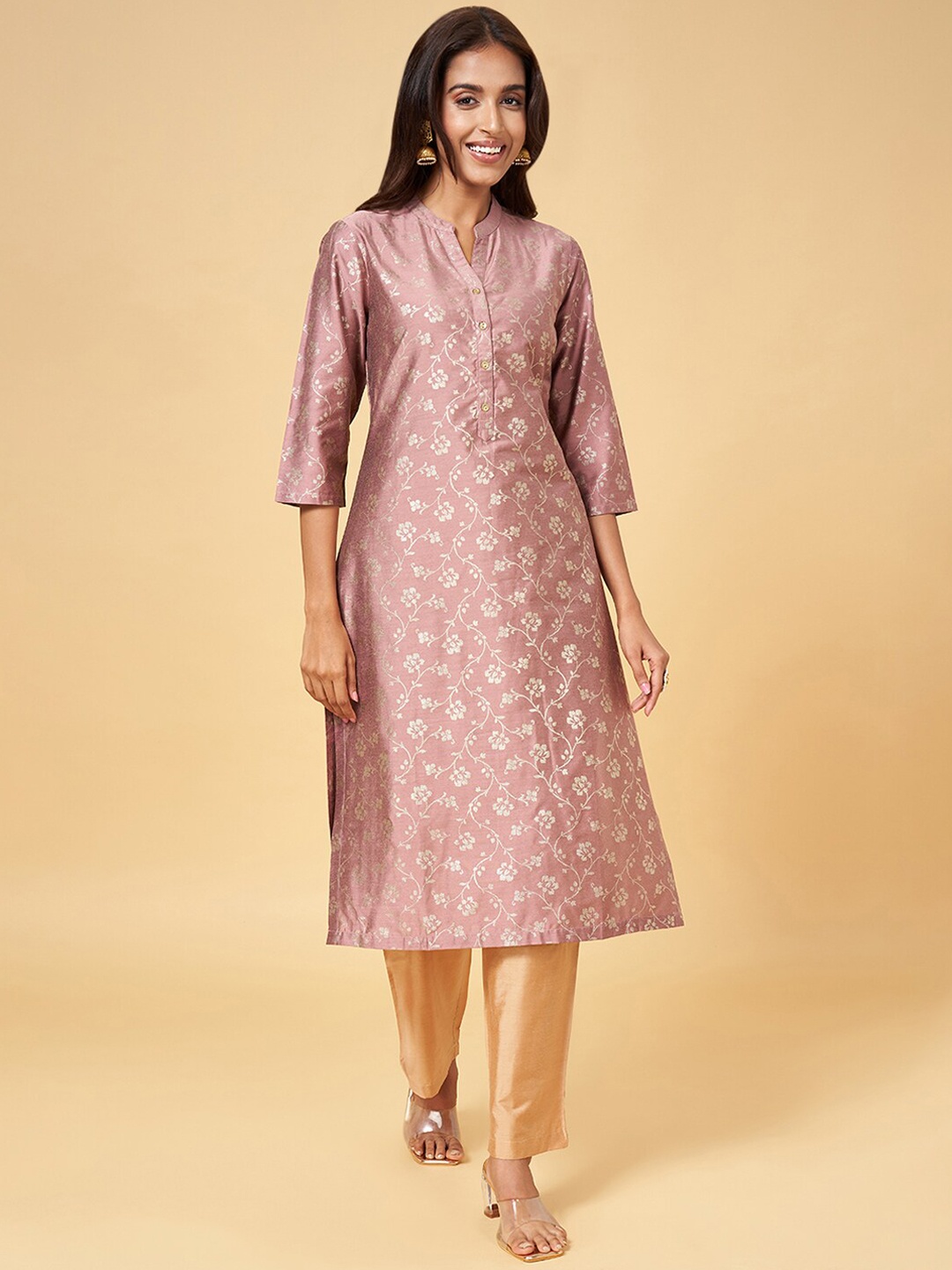 

RANGMANCH BY PANTALOONS Floral Woven Design Mandarin Collar Straight Kurta, Mauve