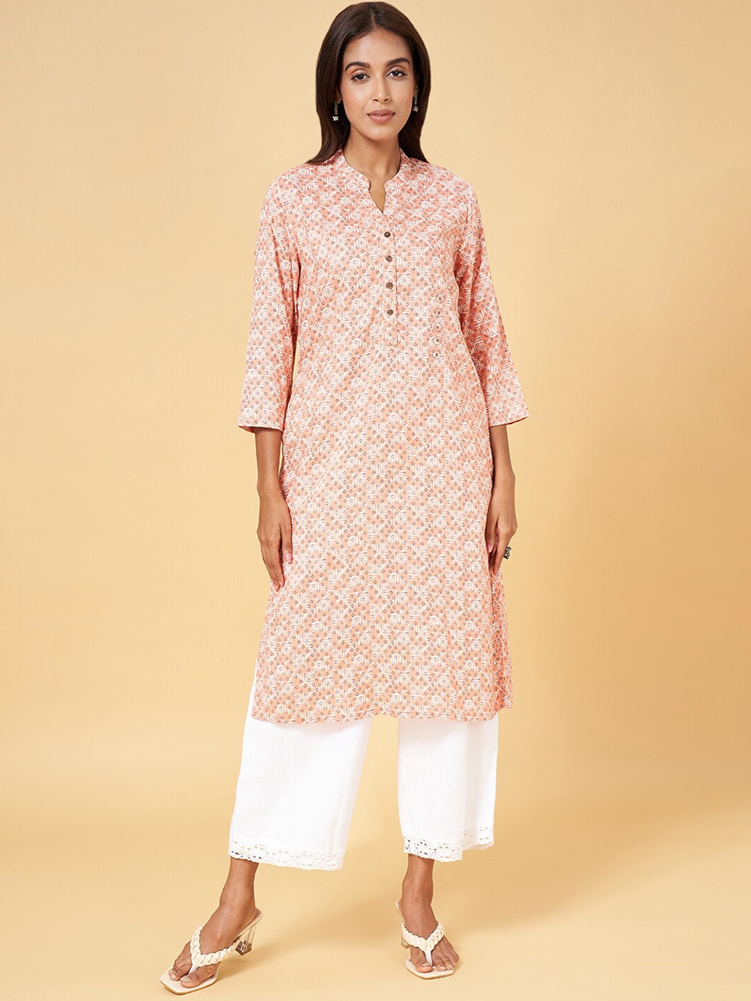 

RANGMANCH BY PANTALOONS Abstract Printed Mandarin Collar Kurta, Peach