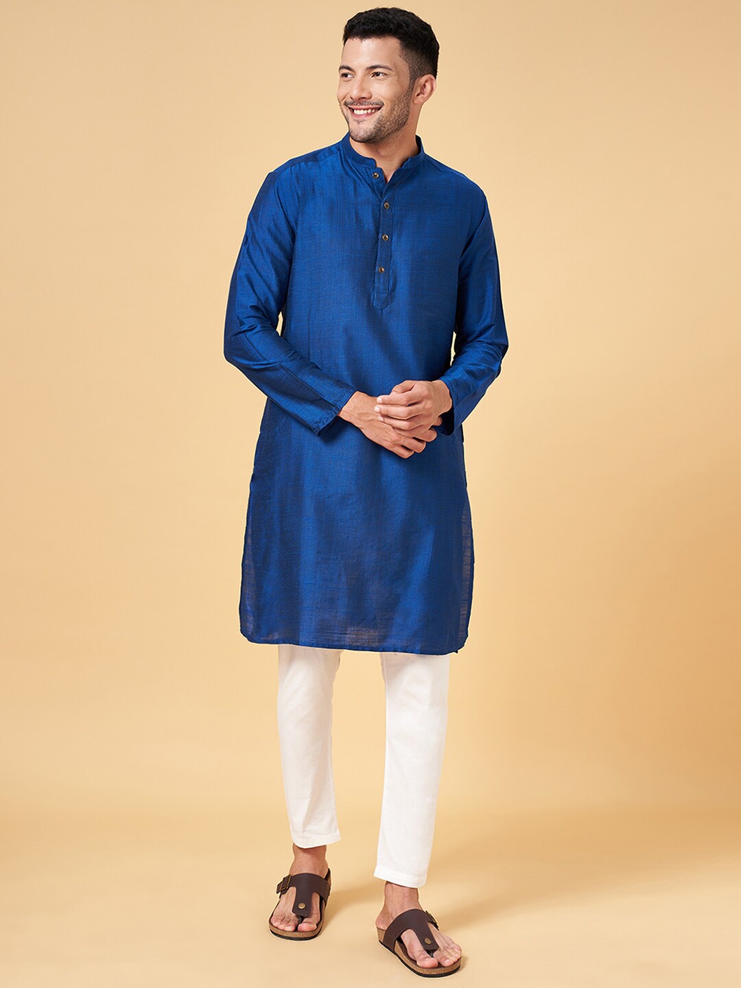 

indus route by Pantaloons Mandarin Collar Straight Kurta, Blue