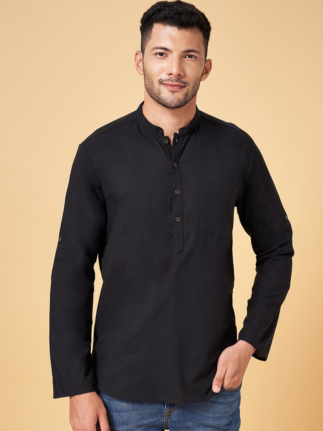 

indus route by Pantaloons Mandarin Collar Cotton Straight Kurta, Black