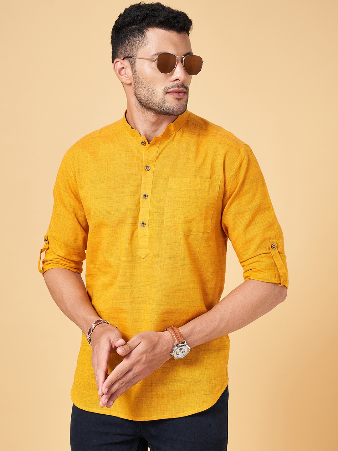 

indus route by Pantaloons Mandarin Collar Straight Pure Cotton Kurta, Mustard