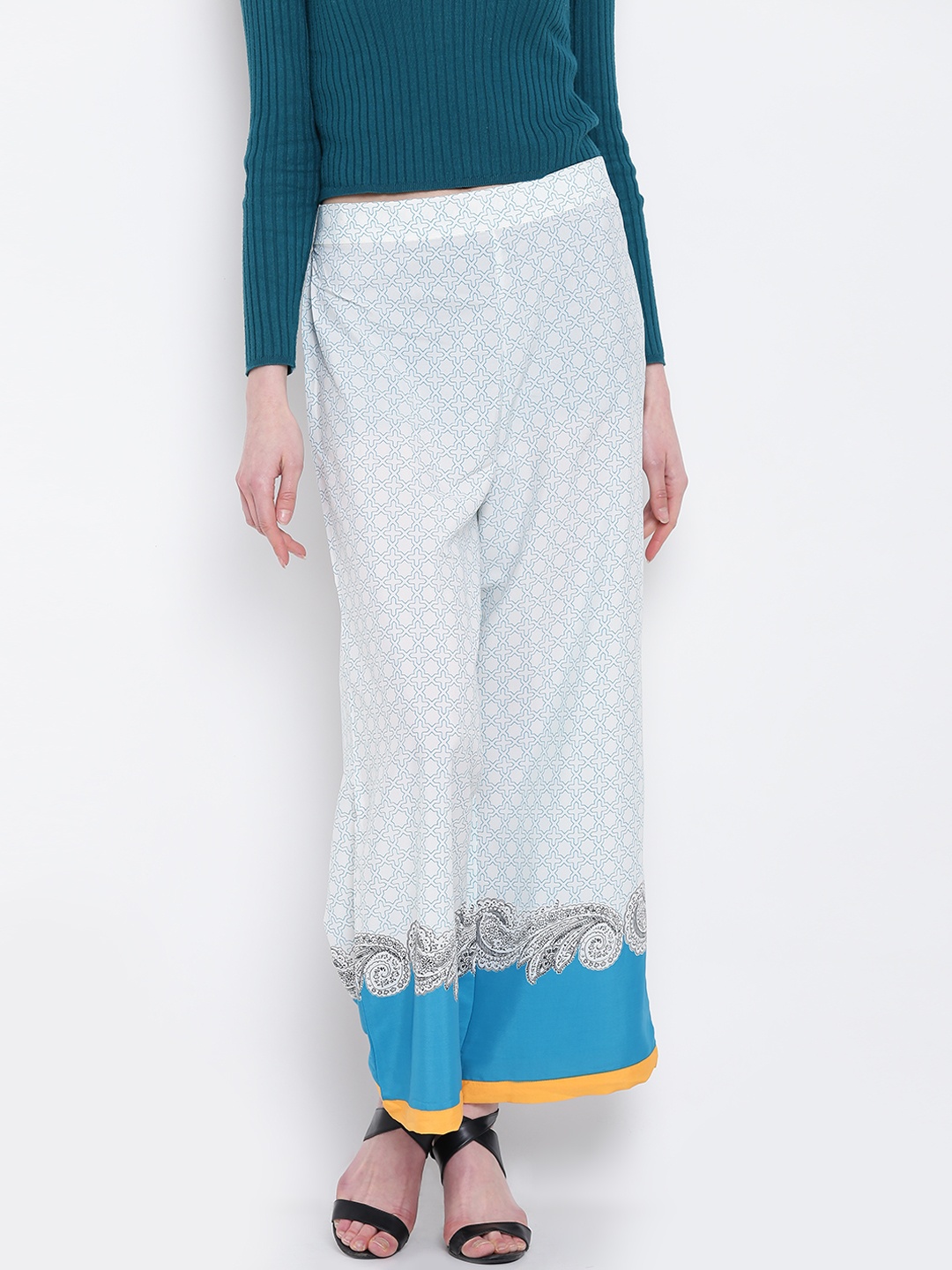 

AURELIA Women White & Blue Wide Leg Printed Palazzos