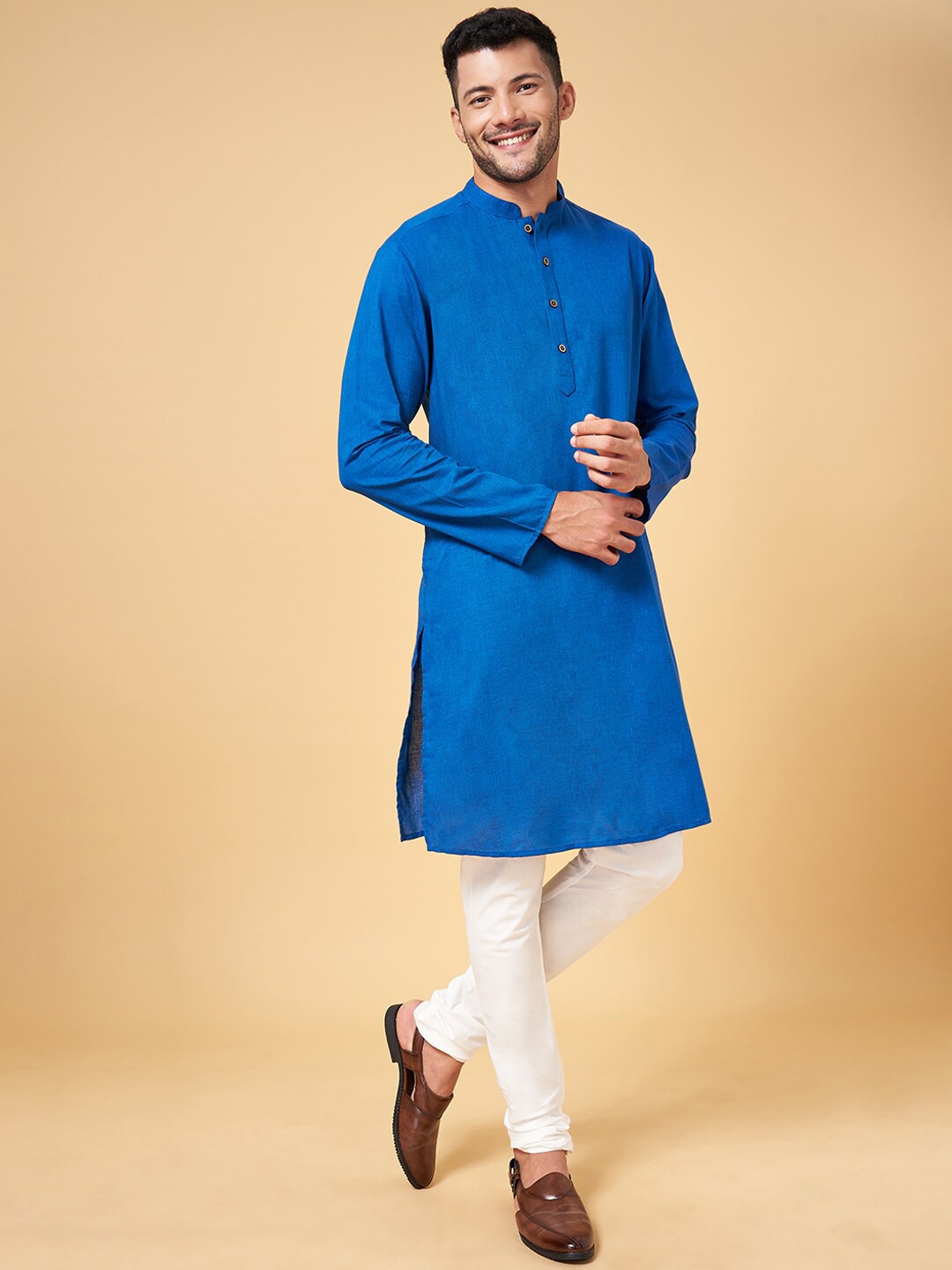 

indus route by Pantaloons Mandarin Collar Long Sleeves Straight Kurta, Blue