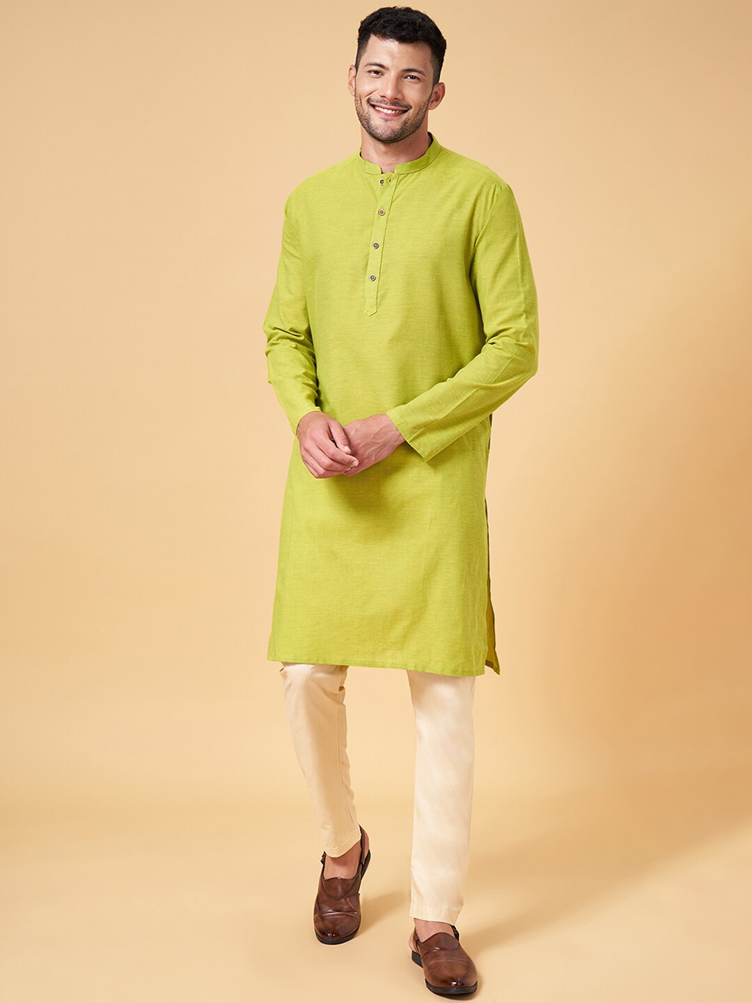 

indus route by Pantaloons Mandarin Collar Straight Kurta, Lime green