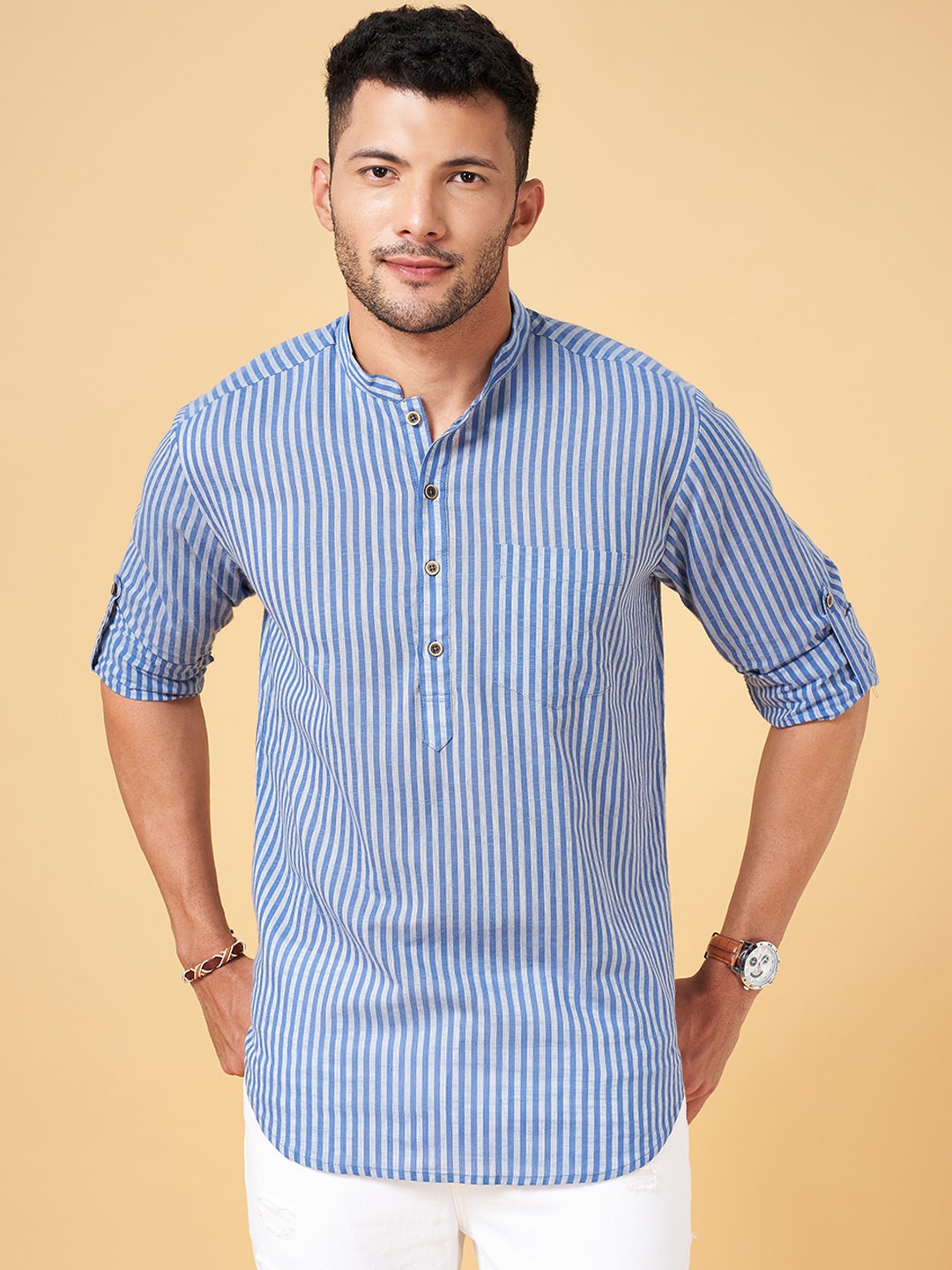 

indus route by Pantaloons Striped Roll-Up Sleeves Cotton Kurta, Navy blue
