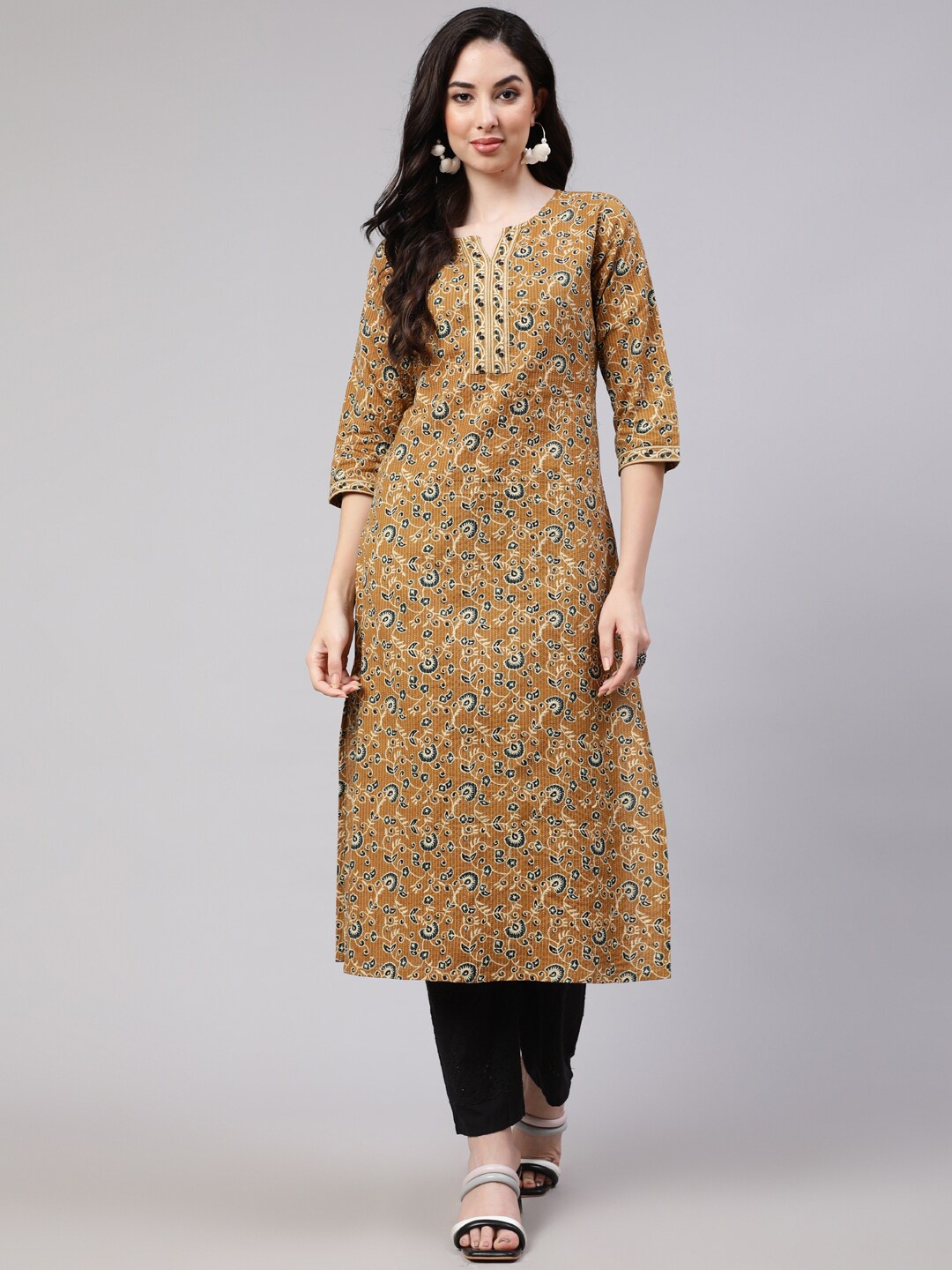 

Nayo Ethnic Motifs Printed Kantha Work Pure Cotton Straight Kurta, Mustard