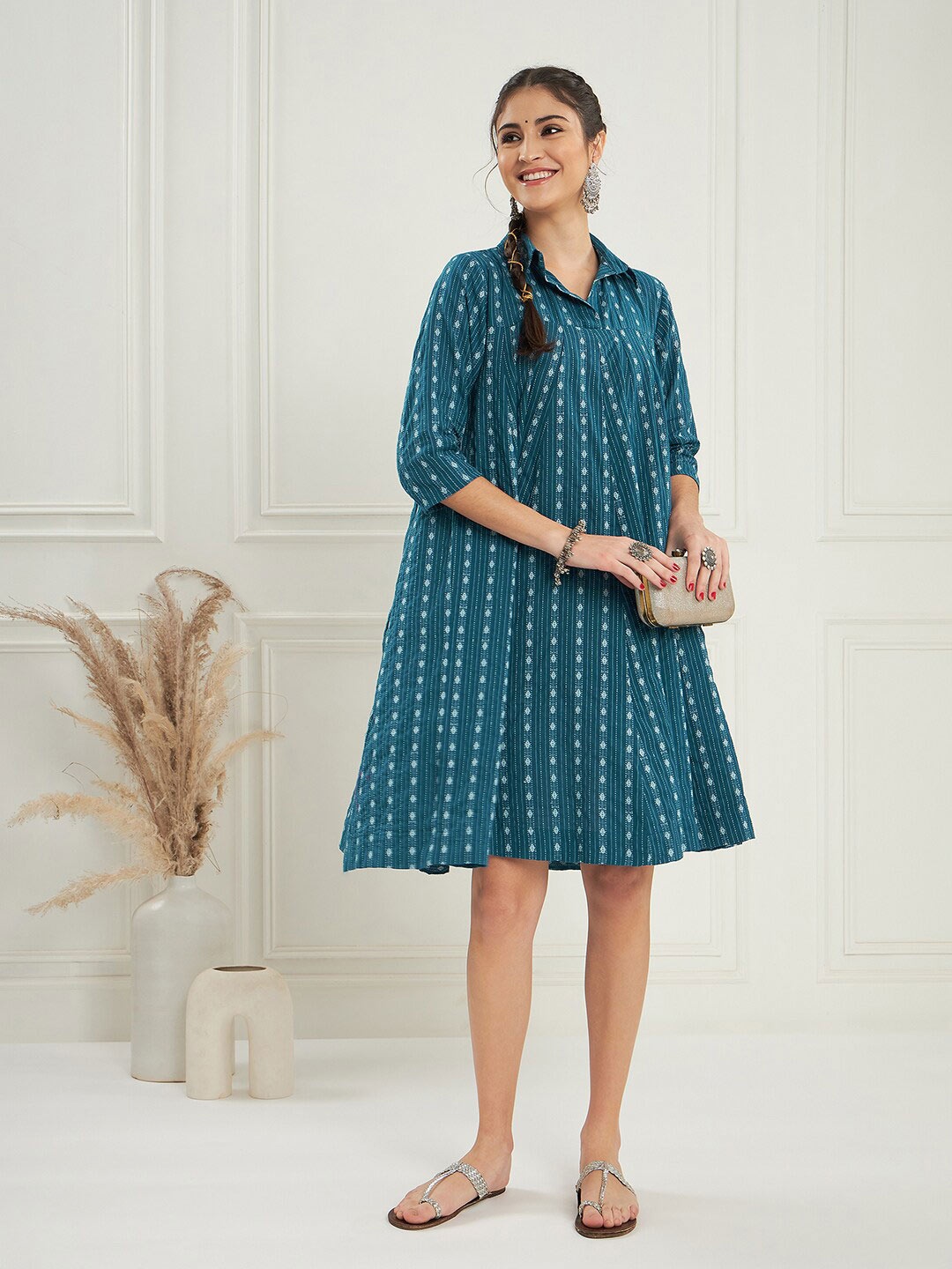 

Sangria Striped Shirt Collar A-Line Dresses, Teal