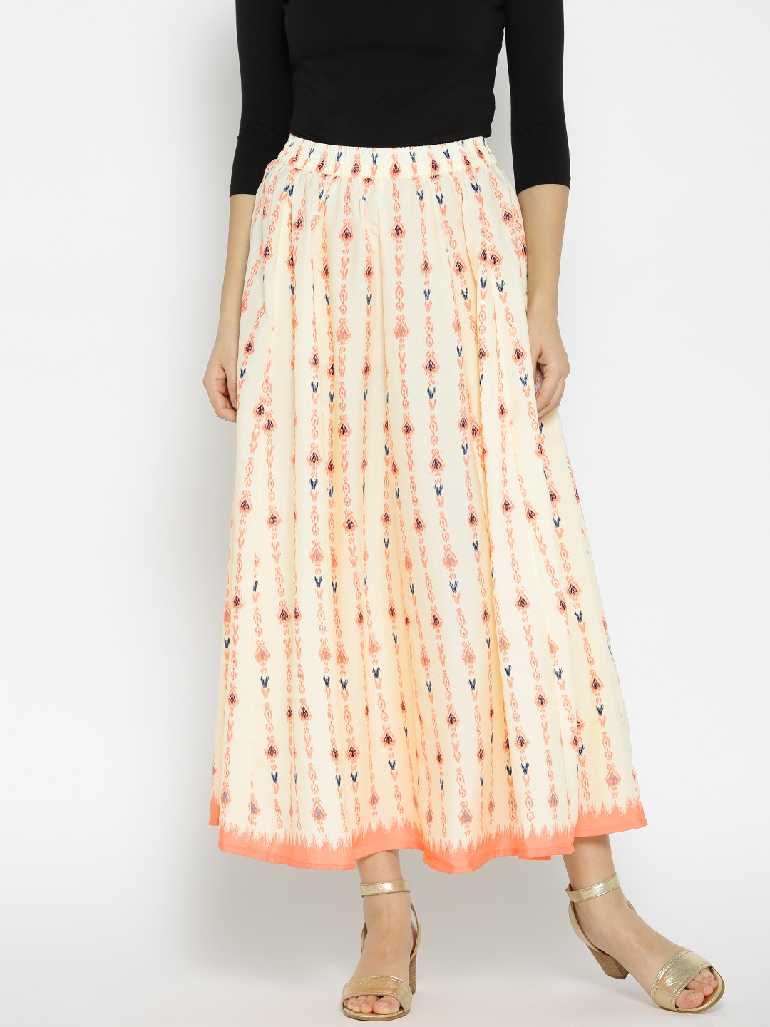 

AURELIA Cream-Coloured & Coral Pink Maxi Flared Skirt