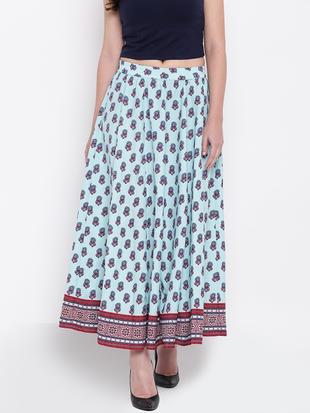 

AURELIA Blue & Coral Pink Printed Maxi Flared Skirt