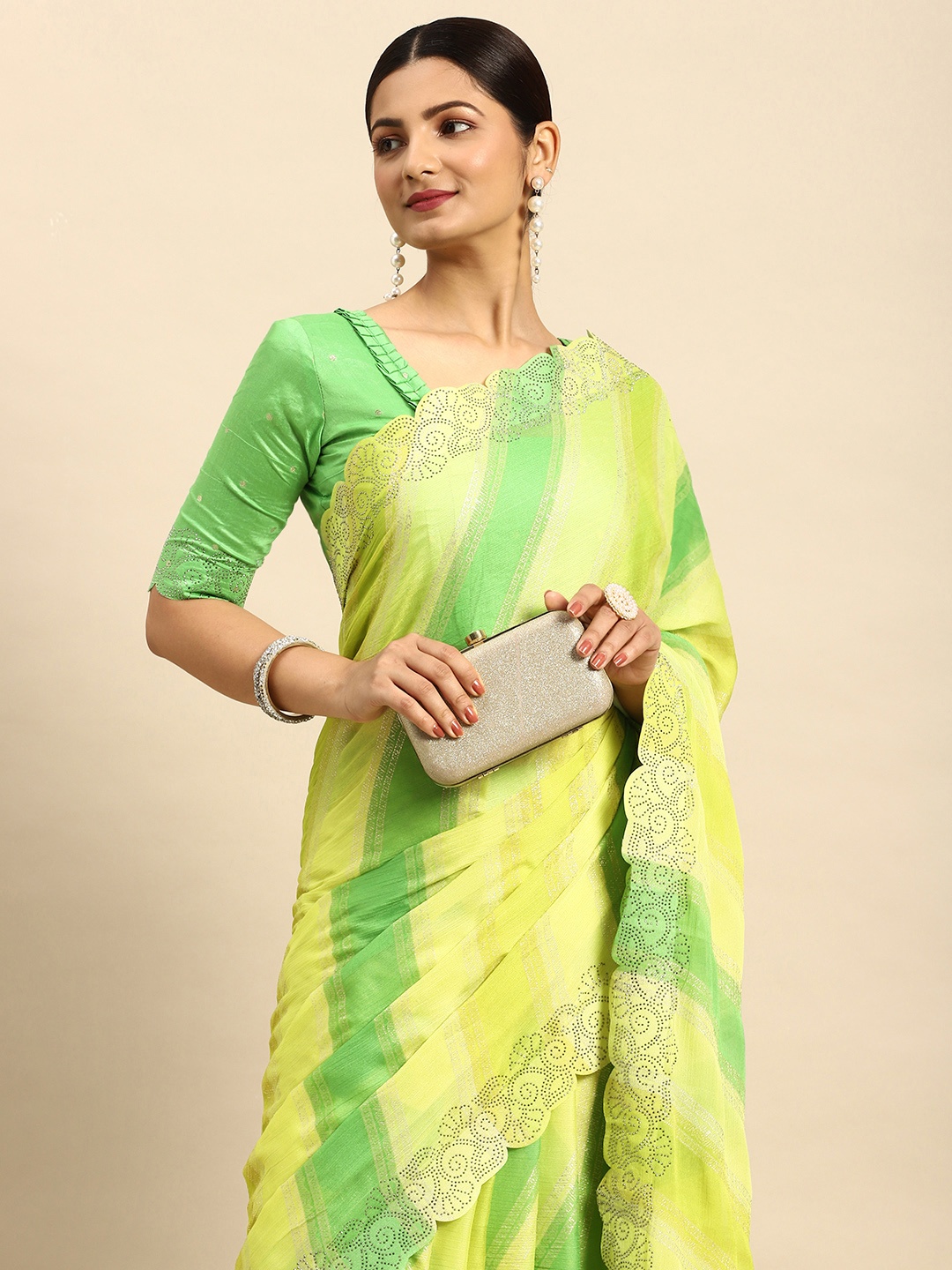 

Mitera Striped Stones-Studded Pure Chiffon Saree, Green