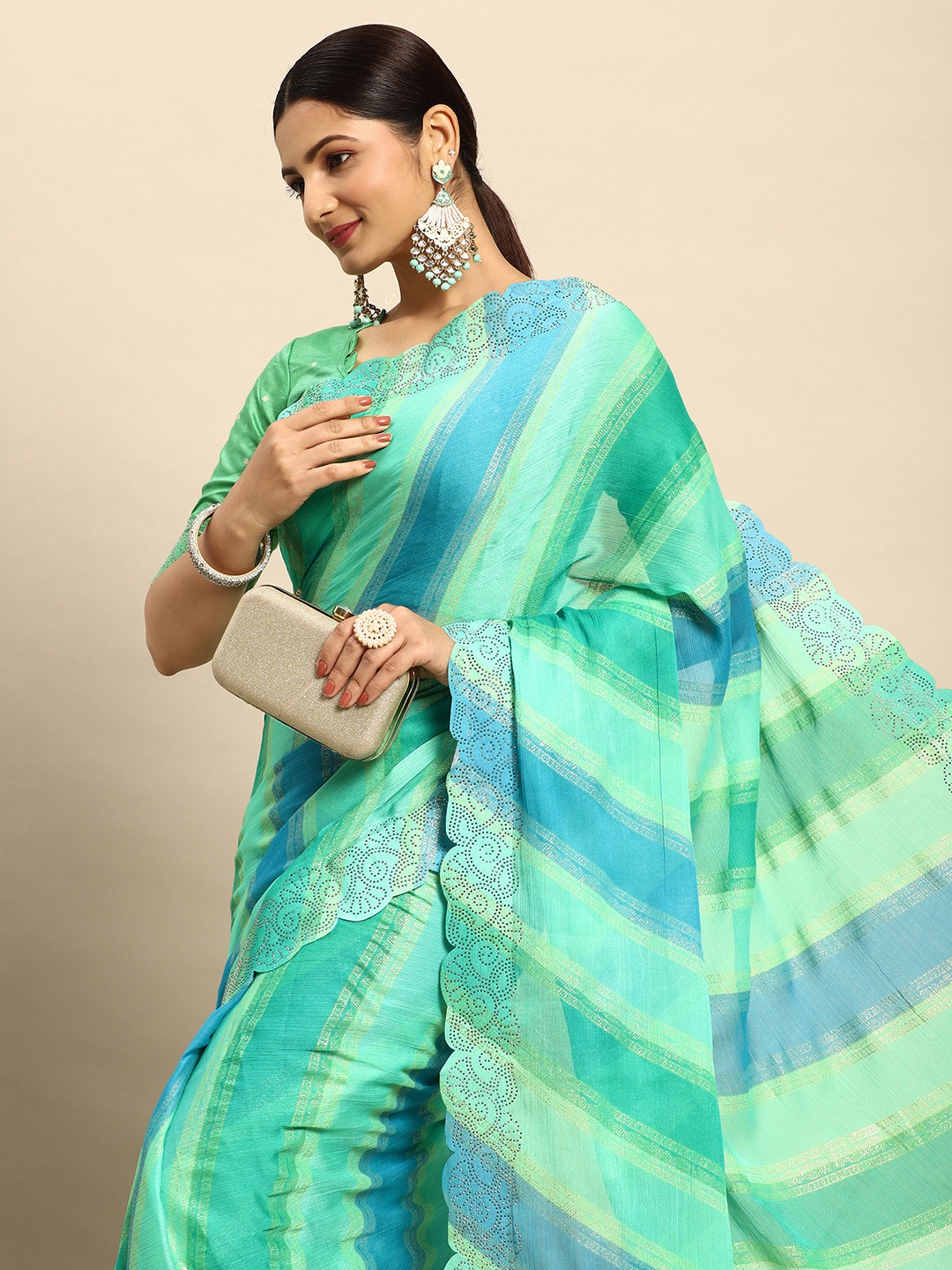 

Mitera Striped Stones-Studded Pure Chiffon Saree, Teal
